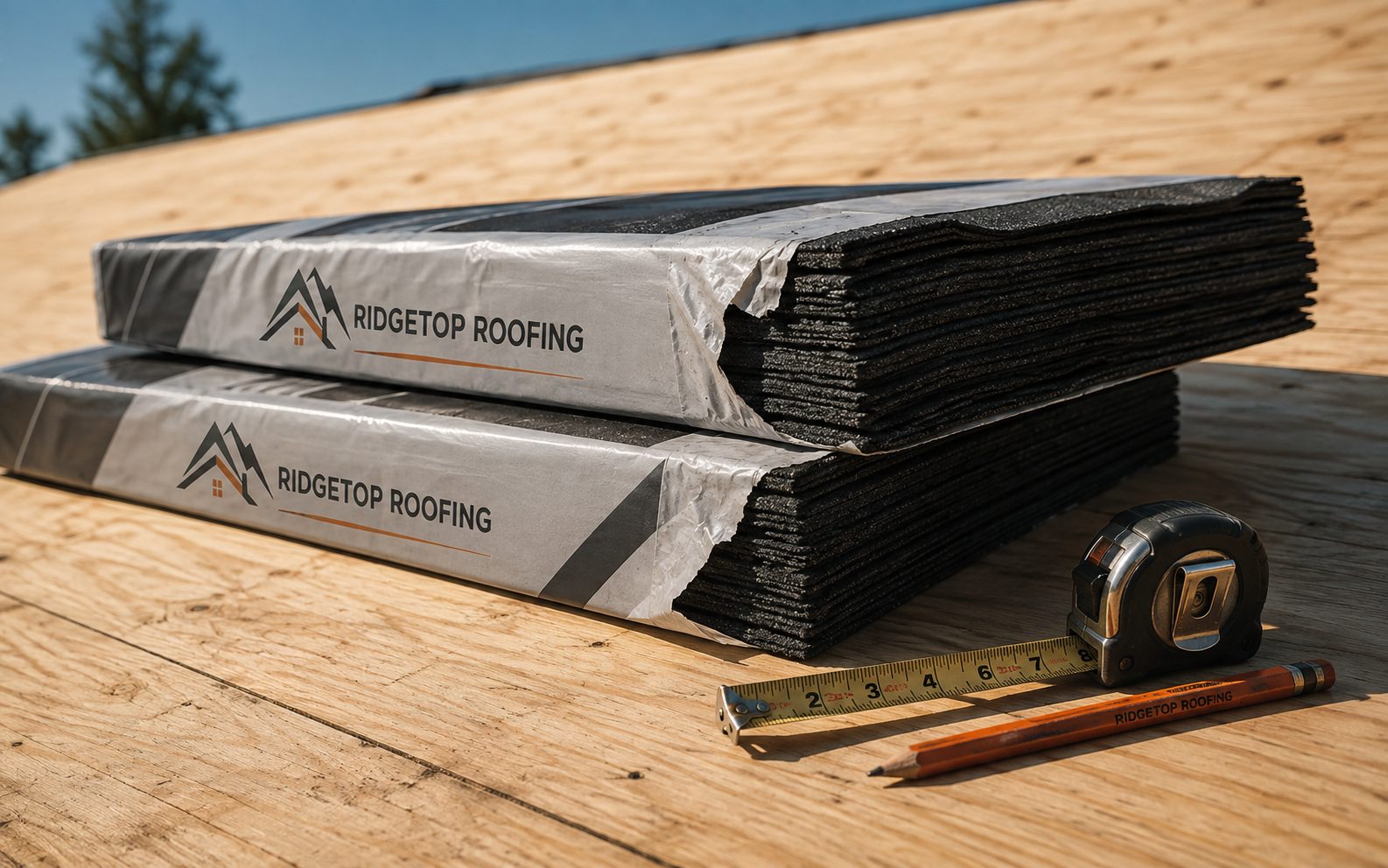 Bundles of architectural asphalt shingles on fresh roof decking
